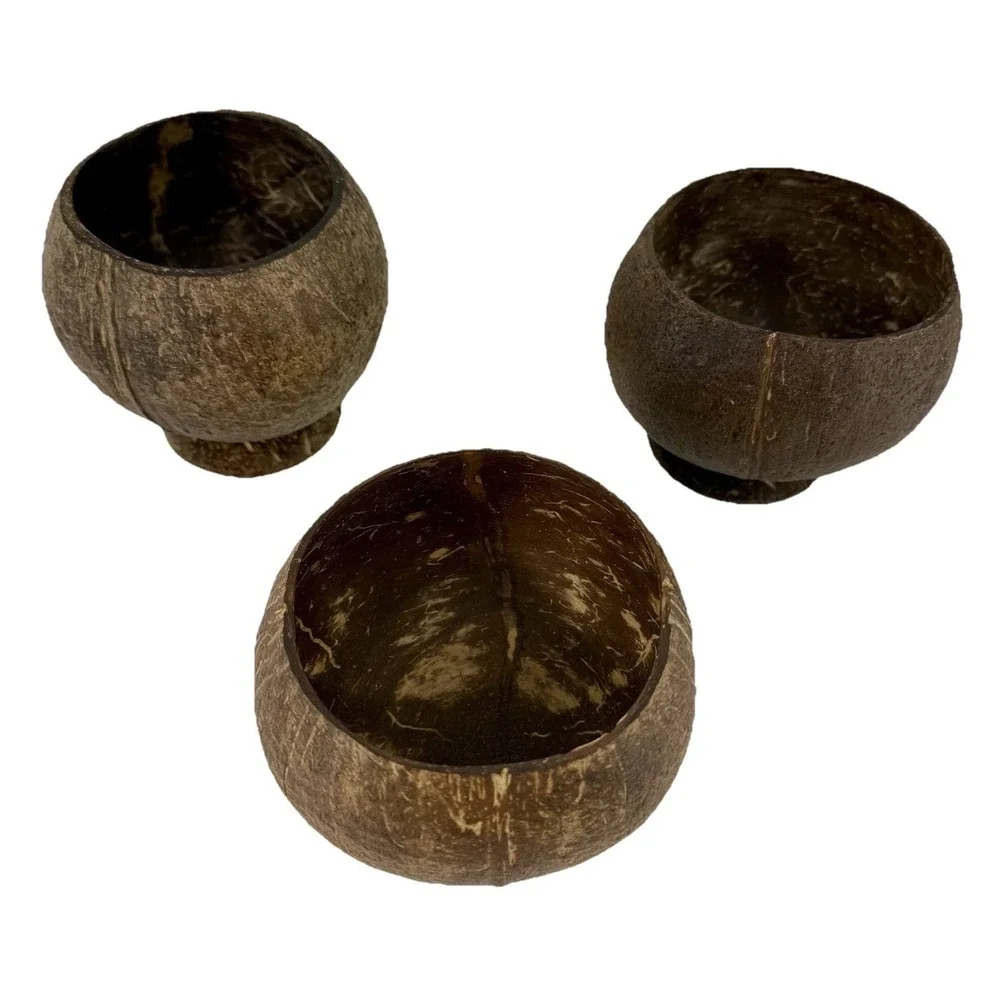 Coconut Shell Footed Bowl/ Cup‎ Set Of Three (3) Handmade Tropical Tiki Luau
